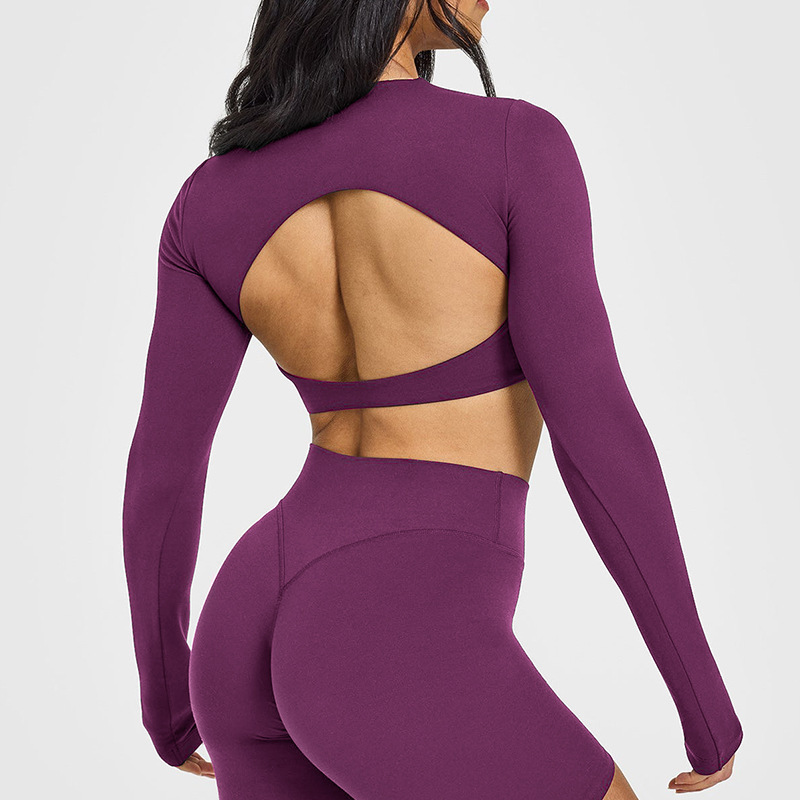 European and American cross-border beautiful back hollow tight sports long-sleeved T-shirt with chest pad fitness clothes elastic breathable yoga clothes for women