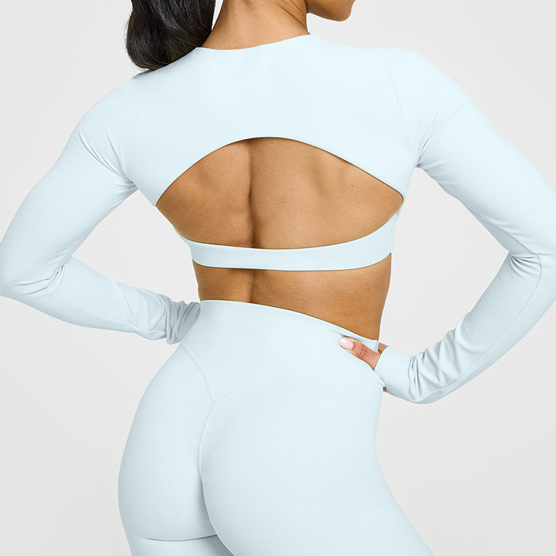 European and American cross-border beautiful back hollow tight sports long-sleeved T-shirt with chest pad fitness clothes elastic breathable yoga clothes for women