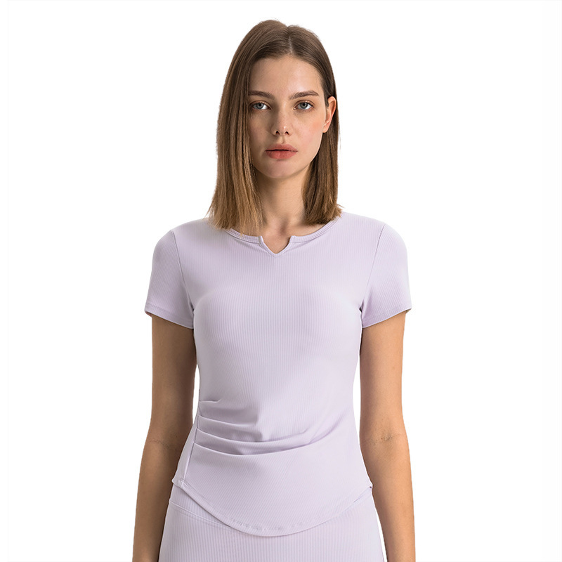 SPR drawstring rib fashion small V-neck sports short-sleeved women's fitness running slimming yoga top DS386