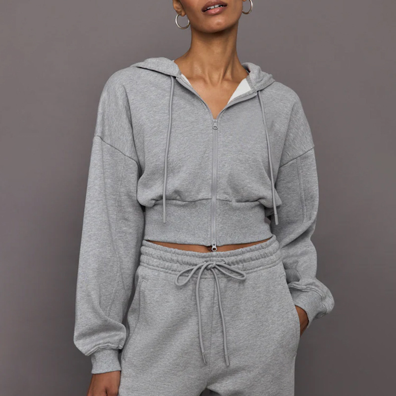 Cross-border Amazon autumn and winter sweater suit short zipper hooded sweater jacket loose drawstring leggings sweatpants