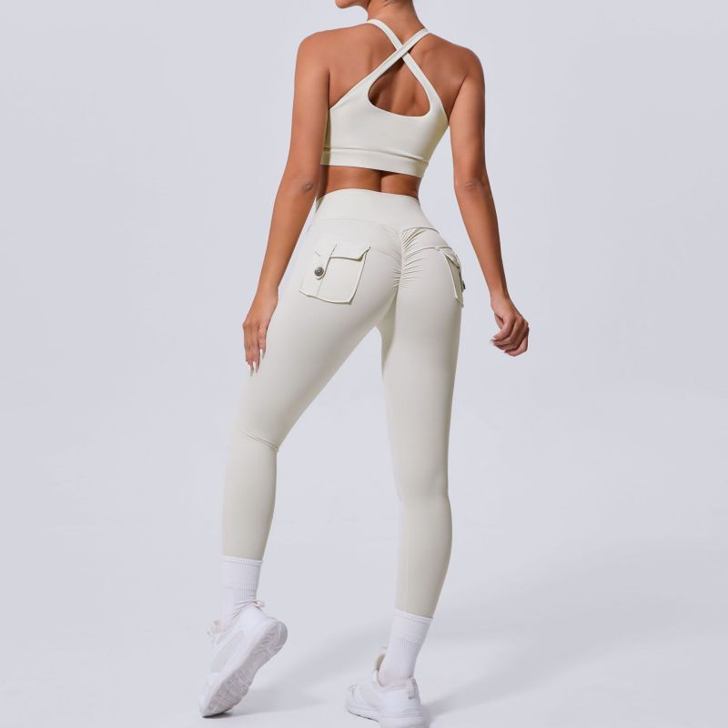 Qiusha new winter pocket nude tight yoga suit high waist quick dry running sports fitness clothes two-piece suit