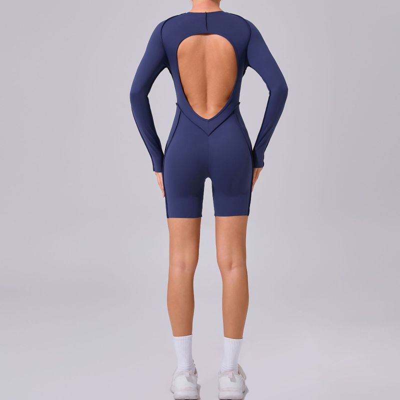 Round neck long sleeve stitching jumpsuit three-dimensional line backless fitness sports jumpsuit tight yoga suit 24102