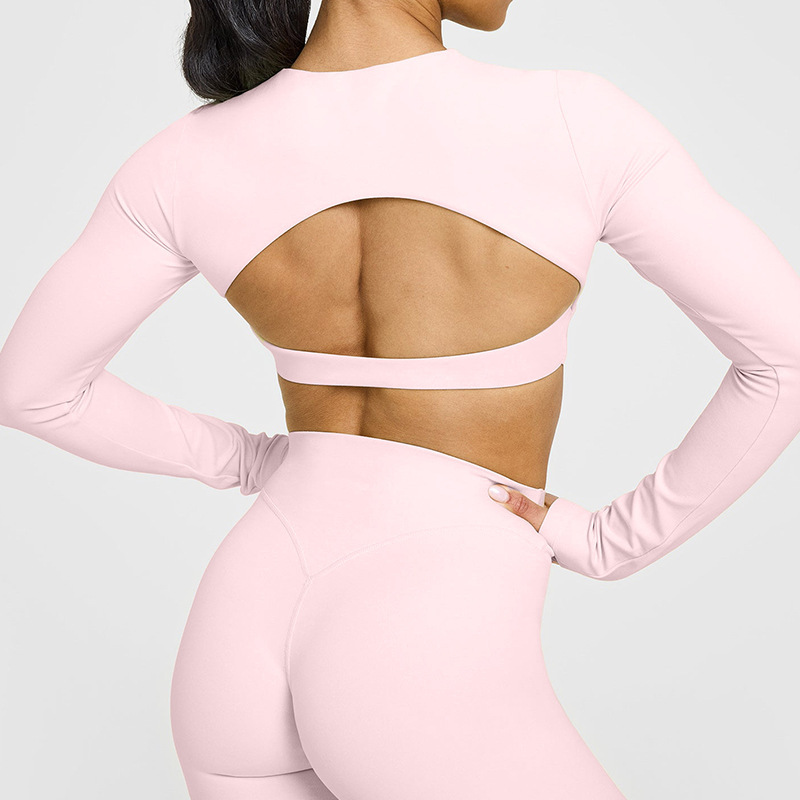 European and American cross-border beautiful back hollow tight sports long-sleeved T-shirt with chest pad fitness clothes elastic breathable yoga clothes for women