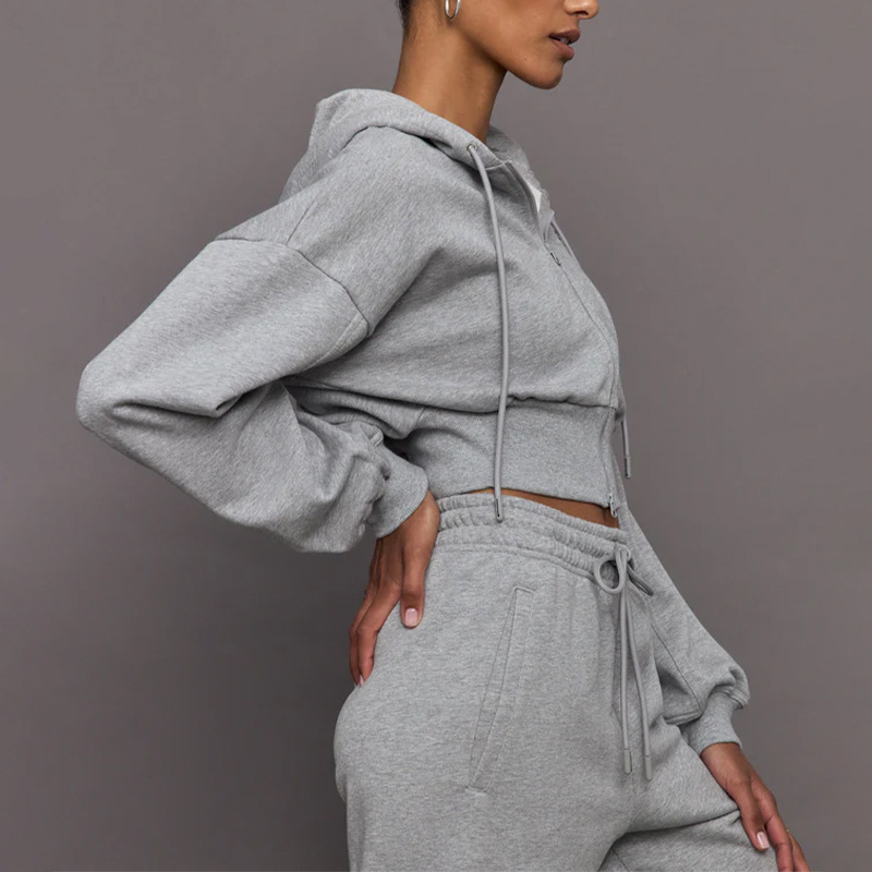 Cross-border Amazon autumn and winter sweater suit short zipper hooded sweater jacket loose drawstring leggings sweatpants