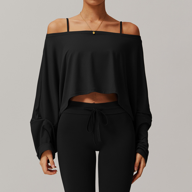Fitness sports long-sleeved tops for women with one-shoulder bat sleeves for outdoor wear, casual and versatile long-sleeved yoga wear blouse 5034