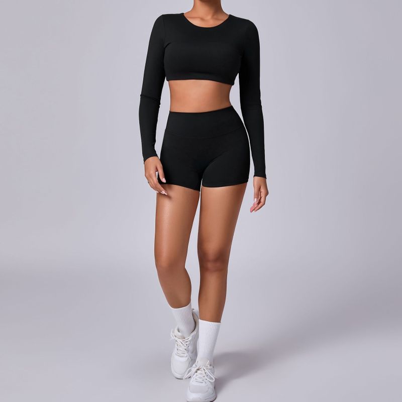European and American tight-fitting sanded yoga suit quick-drying fitness clothes winter outdoor running long-sleeved shorts sports suit for women
