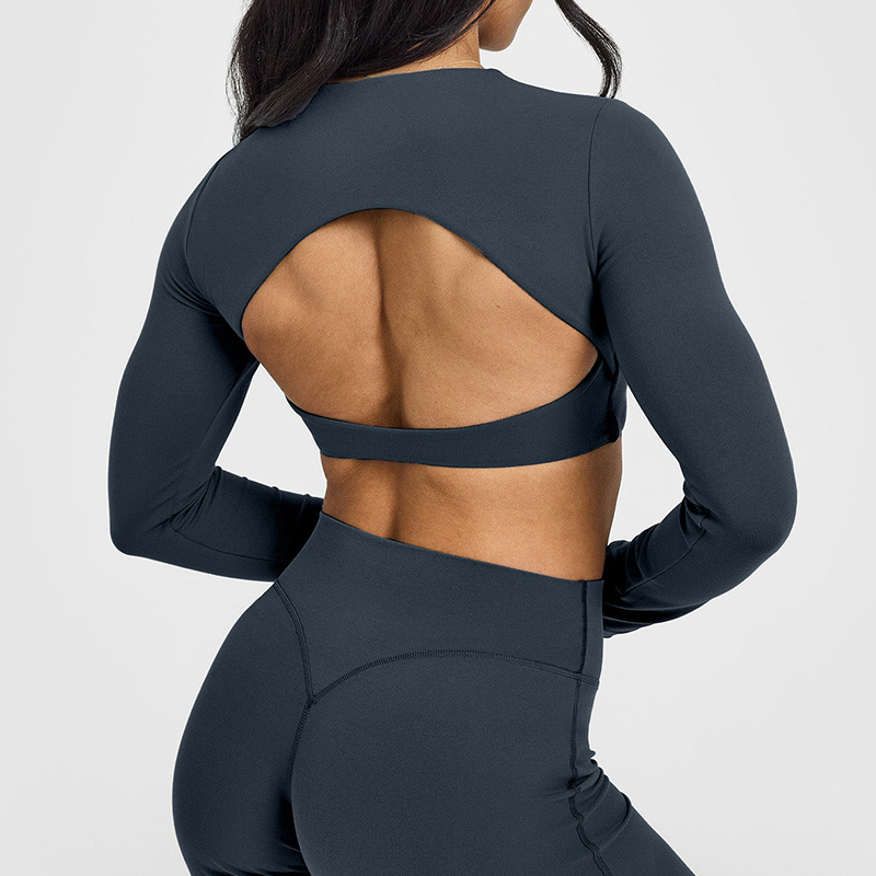 European and American cross-border beautiful back hollow tight sports long-sleeved T-shirt with chest pad fitness clothes elastic breathable yoga clothes for women