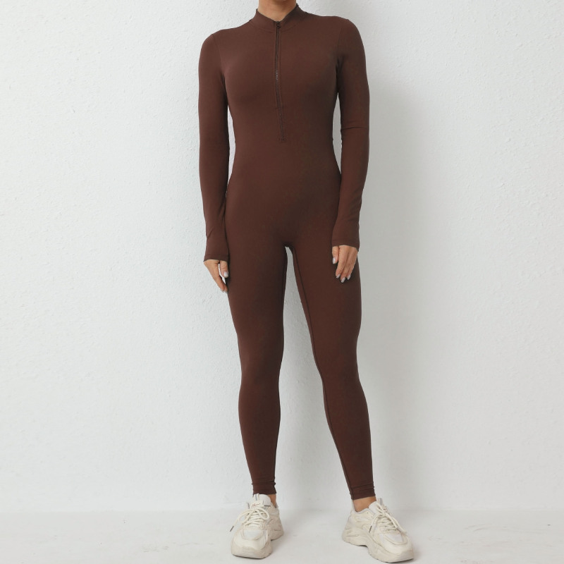 European and American half-open zipper removable chest pad long-sleeved yoga jumpsuit high-intensity fitness sports jumpsuit