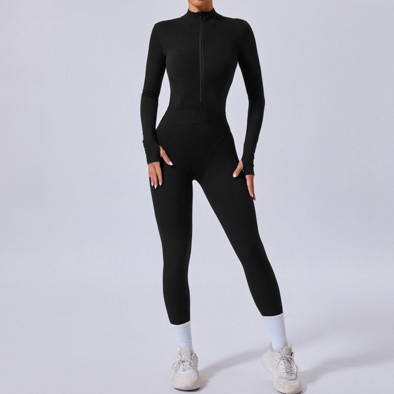 Two-side mesh yoga jumpsuit tight elastic waist finger hole stitching sports fitness jumpsuit 80426