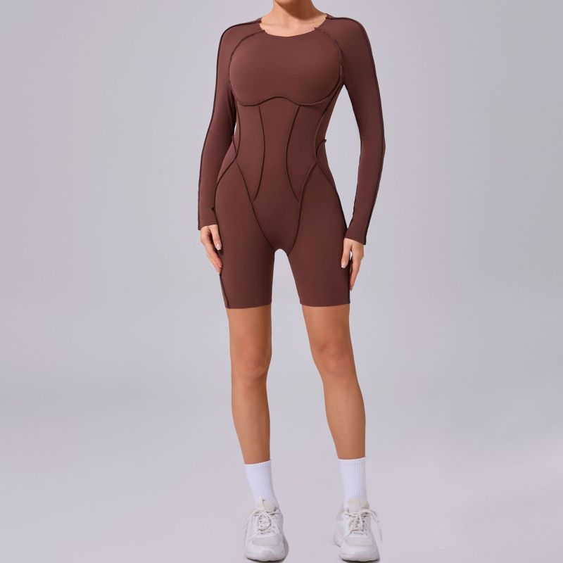 Round neck long sleeve stitching jumpsuit three-dimensional line backless fitness sports jumpsuit tight yoga suit 24102