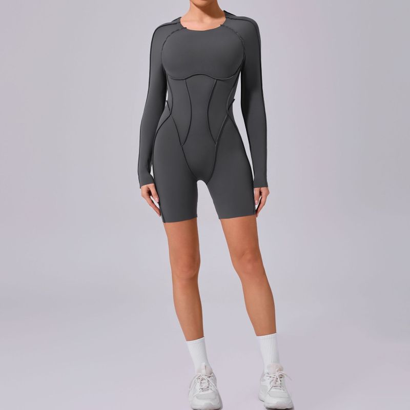 Round neck long sleeve stitching jumpsuit three-dimensional line backless fitness sports jumpsuit tight yoga suit 24102