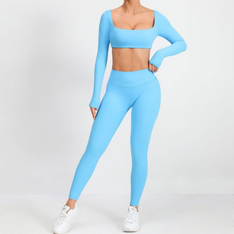 European and American winter nude tight square collar yoga suit outdoor running quick-drying sports long sleeve fitness two-piece suit