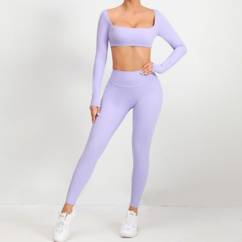 European and American winter nude tight square collar yoga suit outdoor running quick-drying sports long sleeve fitness two-piece suit