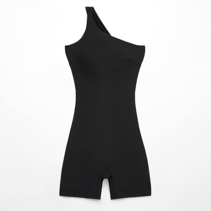 New European and American asymmetrical oblique shoulder strap sports jumpsuit black tight slimming belly shorts jumpsuit female