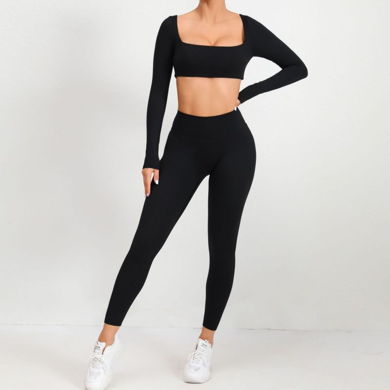 European and American winter nude tight square collar yoga suit outdoor running quick-drying sports long sleeve fitness two-piece suit