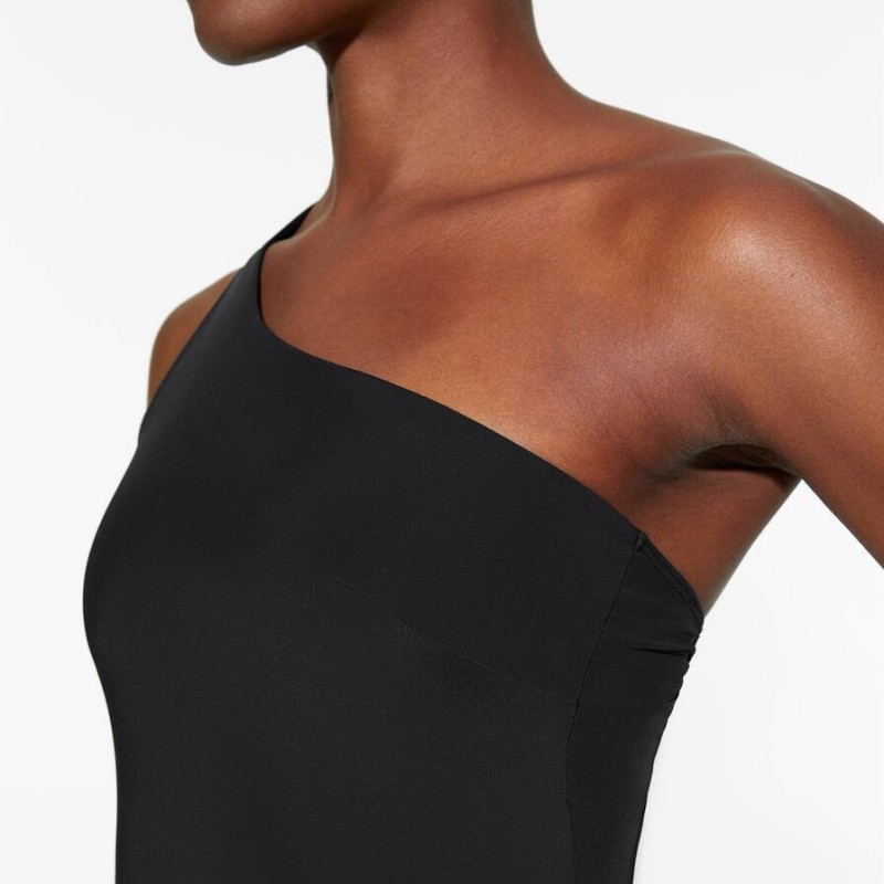 New European and American asymmetrical oblique shoulder strap sports jumpsuit black tight slimming belly shorts jumpsuit female