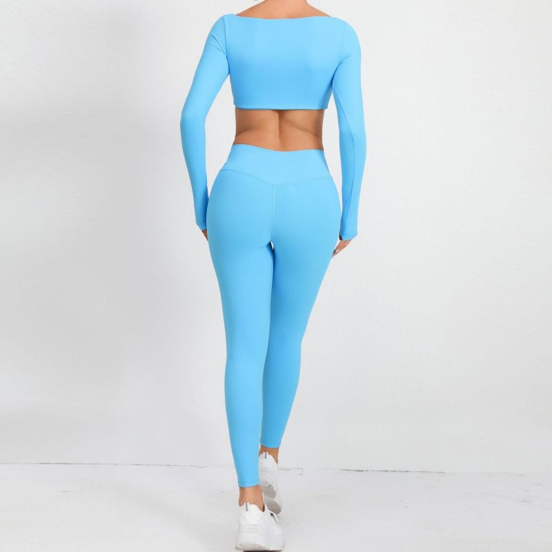 European and American winter nude tight square collar yoga suit outdoor running quick-drying sports long sleeve fitness two-piece suit