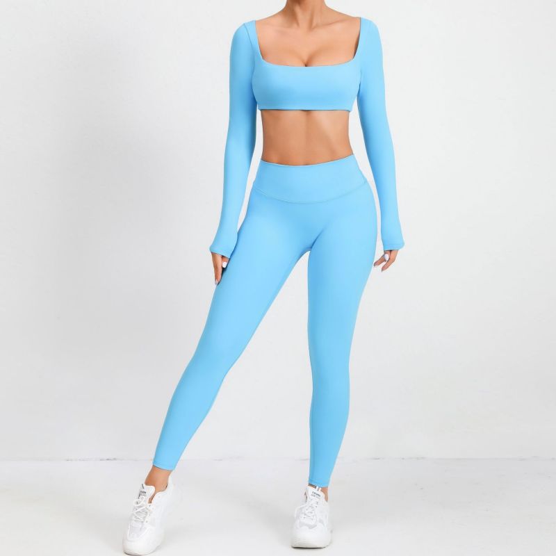 European and American winter nude tight square collar yoga suit outdoor running quick-drying sports long sleeve fitness two-piece suit
