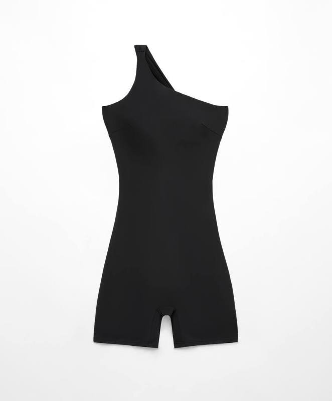 New European and American asymmetrical oblique shoulder strap sports jumpsuit black tight slimming belly shorts jumpsuit female