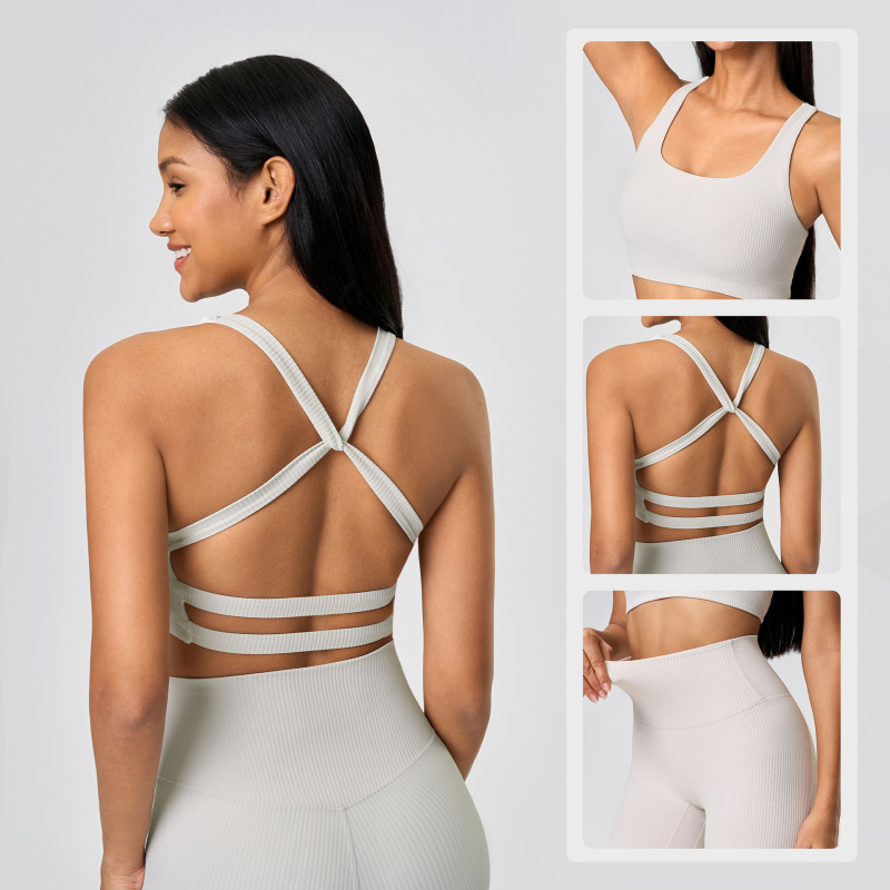 Yoga suit women's cross beautiful back gathered shockproof sports bra high waist hip lifting fitness yoga shorts suit
