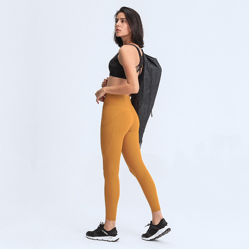 New Yoga Pants Women's Elastic Double-sided Brushed High Waist Pants Spliced Pockets Sports Running Nine-point Pants DL021