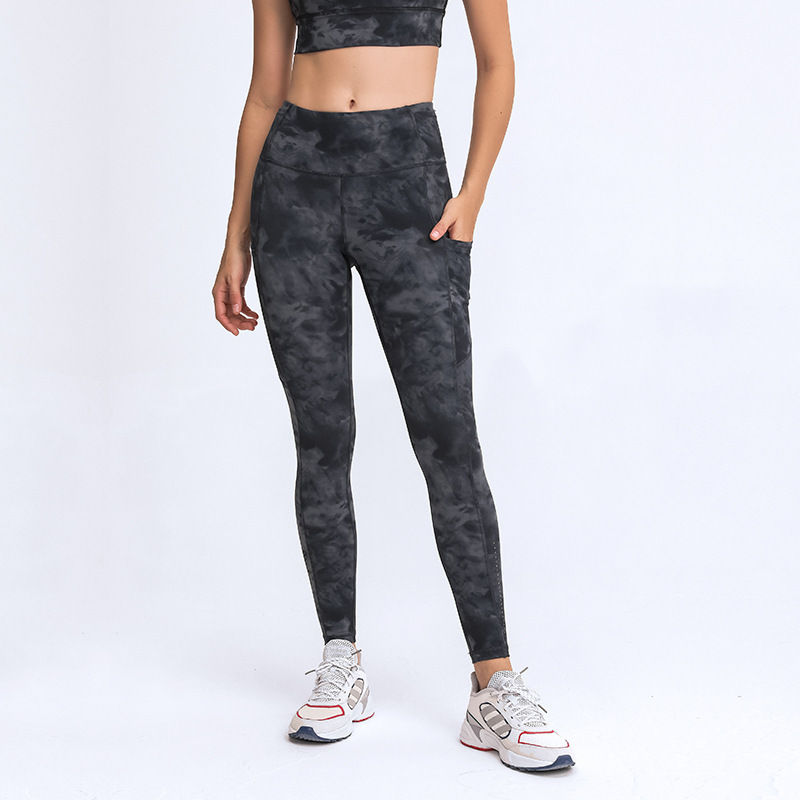 New Yoga Pants Women's Elastic Double-sided Brushed High Waist Pants Spliced Pockets Sports Running Nine-point Pants DL021