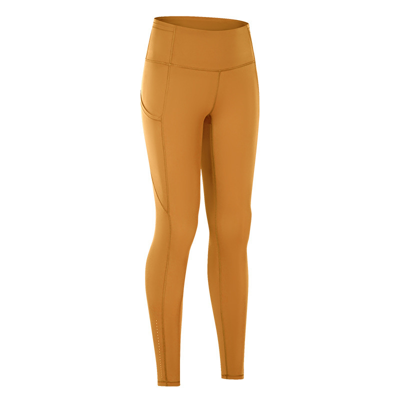 New Yoga Pants Women's Elastic Double-sided Brushed High Waist Pants Spliced Pockets Sports Running Nine-point Pants DL021