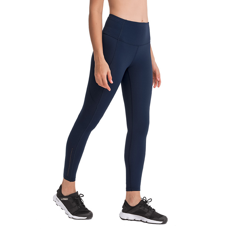 New Yoga Pants Women's Elastic Double-sided Brushed High Waist Pants Spliced Pockets Sports Running Nine-point Pants DL021