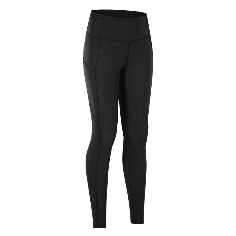 New Yoga Pants Women's Elastic Double-sided Brushed High Waist Pants Spliced Pockets Sports Running Nine-point Pants DL021