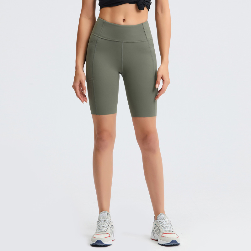 Cross-border new solid color side pocket four-point yoga pants brushed nude running fitness shorts DK068