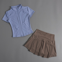Blue short sleeves + brown skirt pants
