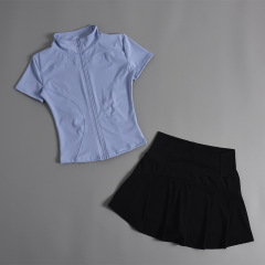 Blue short sleeves + black skirt pants