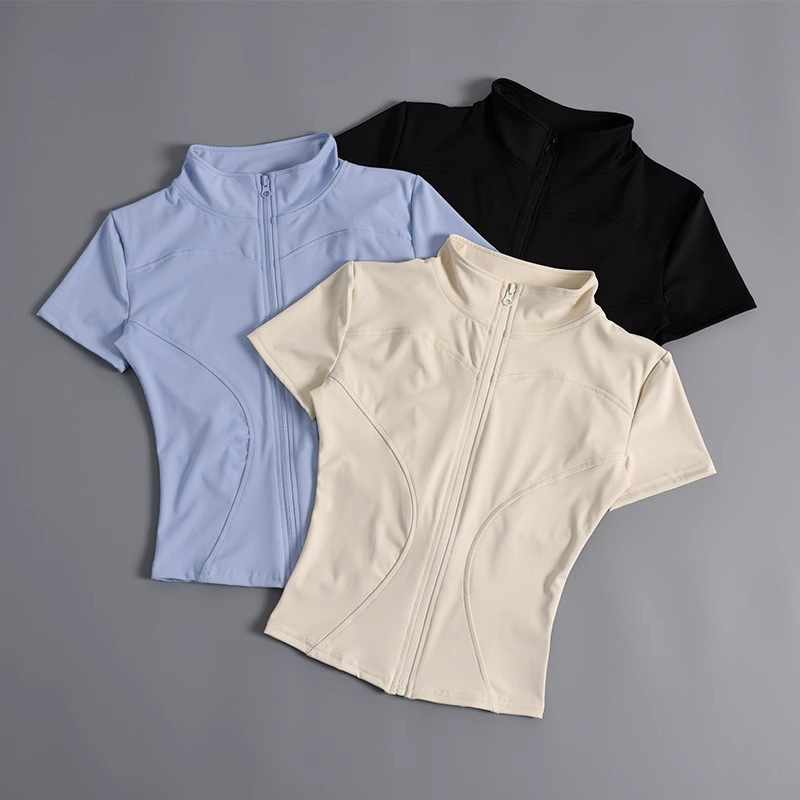 High elastic yoga short-sleeved jacket stand-up collar zipper tight running sports jacket quick-drying nude fitness short-sleeved women summer