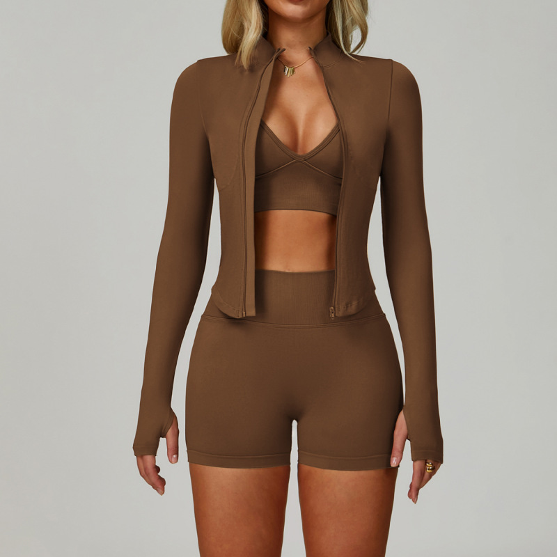 Cross-border seamless tight yoga suit waist slimming quick-drying fitness clothes outdoor running sports three-piece suit 7790