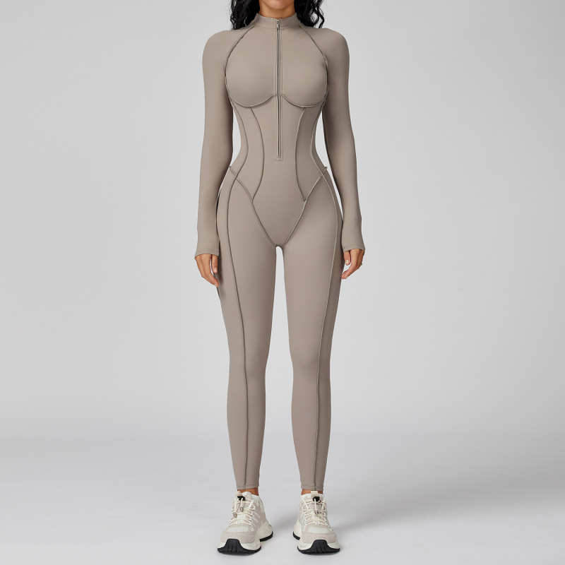 European and American contrast color stand collar jumpsuit half zip one-piece fitness suit women's high-intensity sports yoga suit 9326