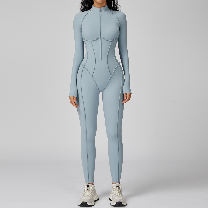European and American contrast color stand collar jumpsuit half zip one-piece fitness suit women's high-intensity sports yoga suit 9326
