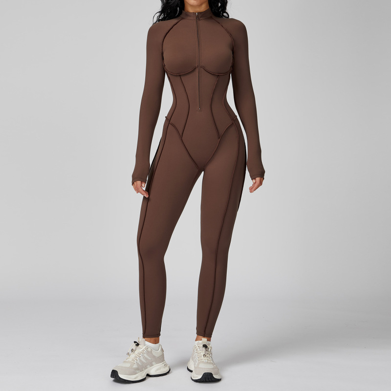 European and American contrast color stand collar jumpsuit half zip one-piece fitness suit women's high-intensity sports yoga suit 9326