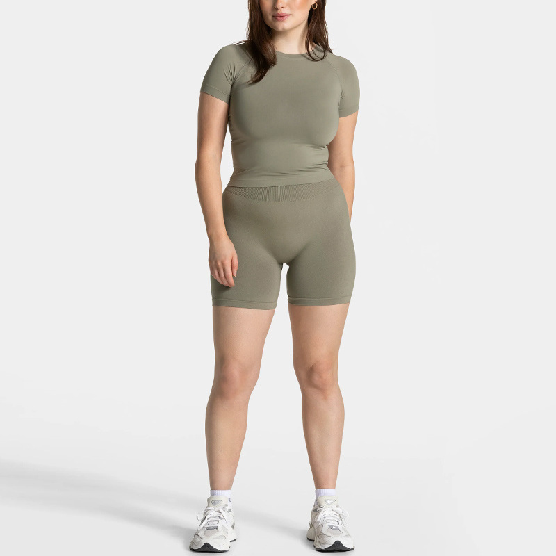 Cross-border European and American slim high waist hip lift round neck long sleeve tight seamless sports fitness outdoor yoga suit women's suit