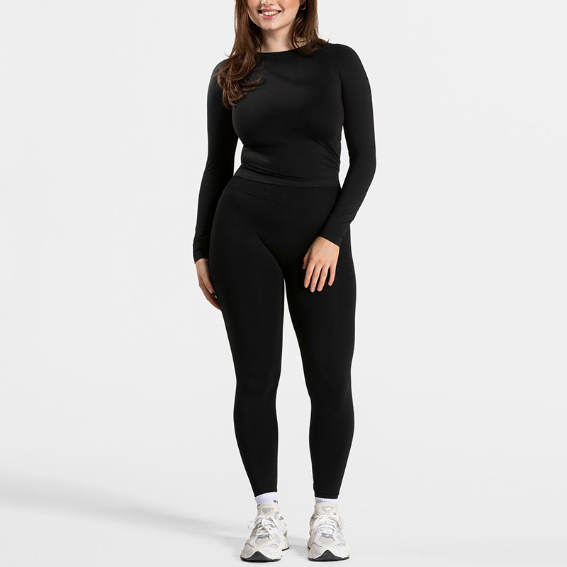 Cross-border European and American slim high waist hip lift round neck long sleeve tight seamless sports fitness outdoor yoga suit women's suit