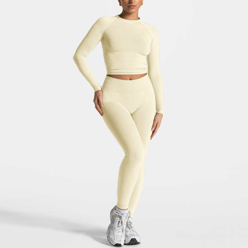 Cross-border European and American slim high waist hip lift round neck long sleeve tight seamless sports fitness outdoor yoga suit women's suit