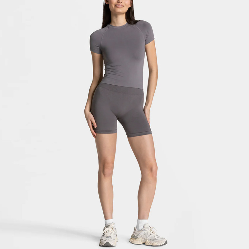 Cross-border European and American slim high waist hip lift round neck long sleeve tight seamless sports fitness outdoor yoga suit women's suit