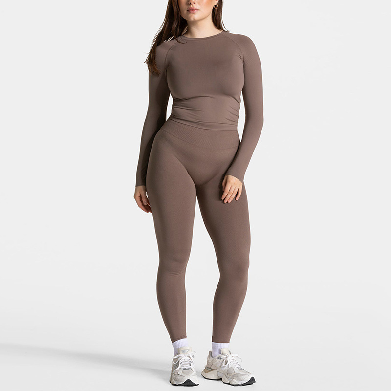 Cross-border European and American slim high waist hip lift round neck long sleeve tight seamless sports fitness outdoor yoga suit women's suit
