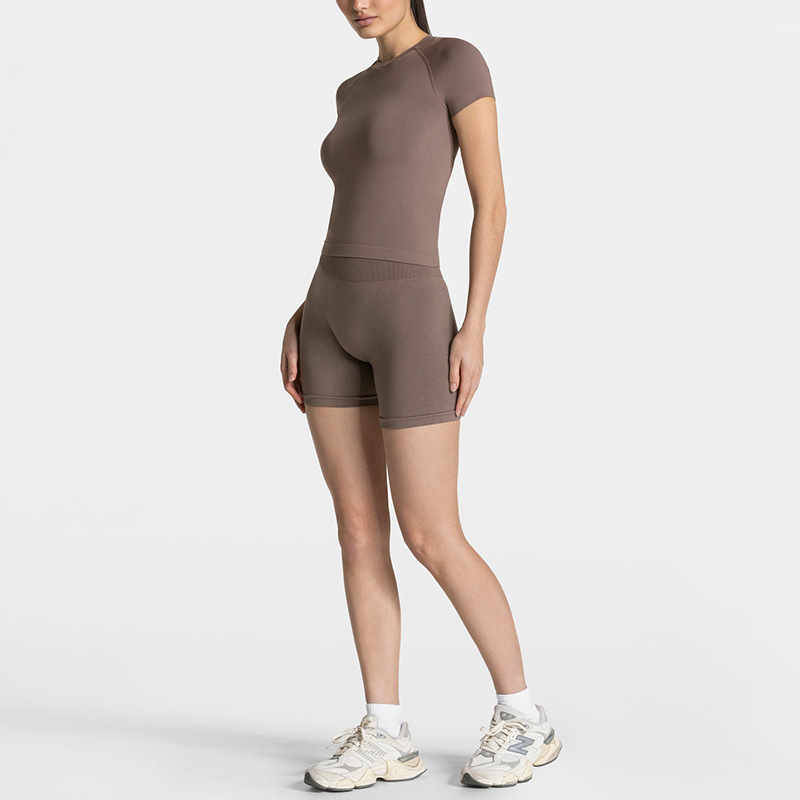 Cross-border European and American slim high waist hip lift round neck long sleeve tight seamless sports fitness outdoor yoga suit women's suit