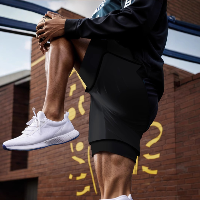Fake two-piece double-layer sports shorts men's professional fitness running track and field American basketball training three-point pants to prevent exposure