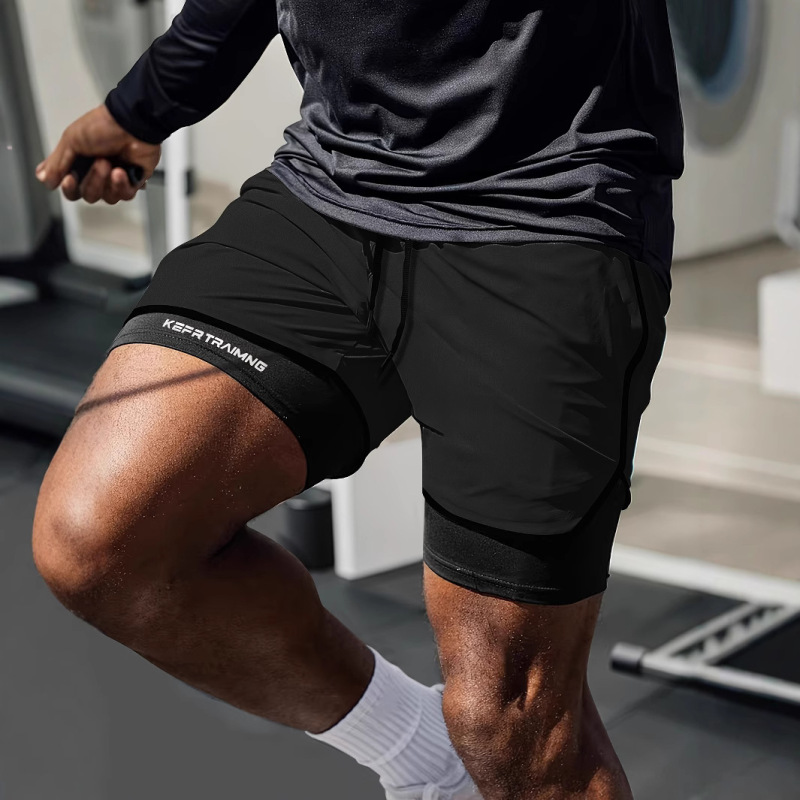 Fake two-piece double-layer sports shorts men's professional fitness running track and field American basketball training three-point pants to prevent exposure