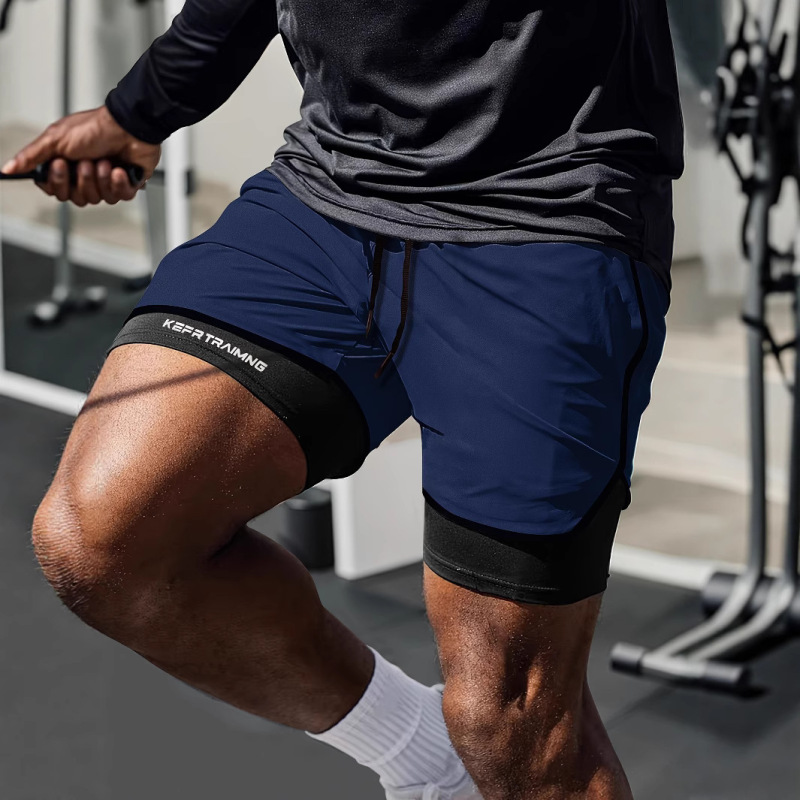 Fake two-piece double-layer sports shorts men's professional fitness running track and field American basketball training three-point pants to prevent exposure