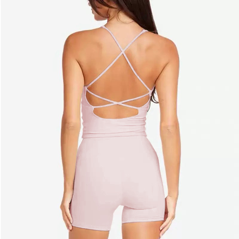 European and American cross-border yoga clothes with beautiful back hollow chest pad fitness clothes high elastic quick-drying sports training shorts set