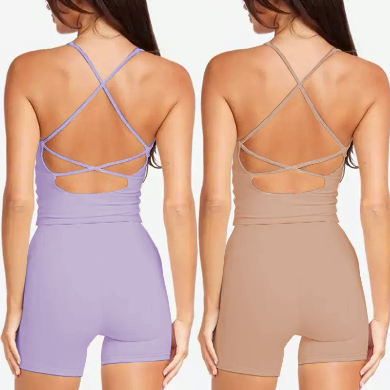 European and American cross-border yoga clothes with beautiful back hollow chest pad fitness clothes high elastic quick-drying sports training shorts set