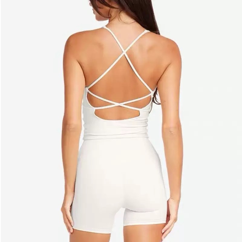 European and American cross-border yoga clothes with beautiful back hollow chest pad fitness clothes high elastic quick-drying sports training shorts set