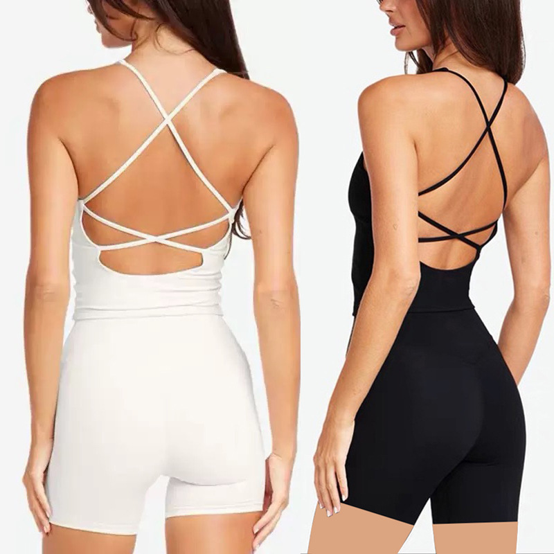 European and American cross-border yoga clothes with beautiful back hollow chest pad fitness clothes high elastic quick-drying sports training shorts set